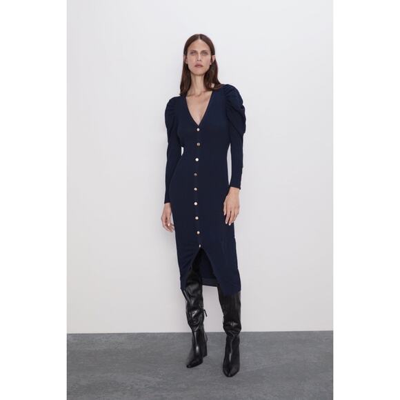 ZARA Ribbed Knit Puffy Sleeve Gold Button Front Midi Dress - Picture 1 of 7